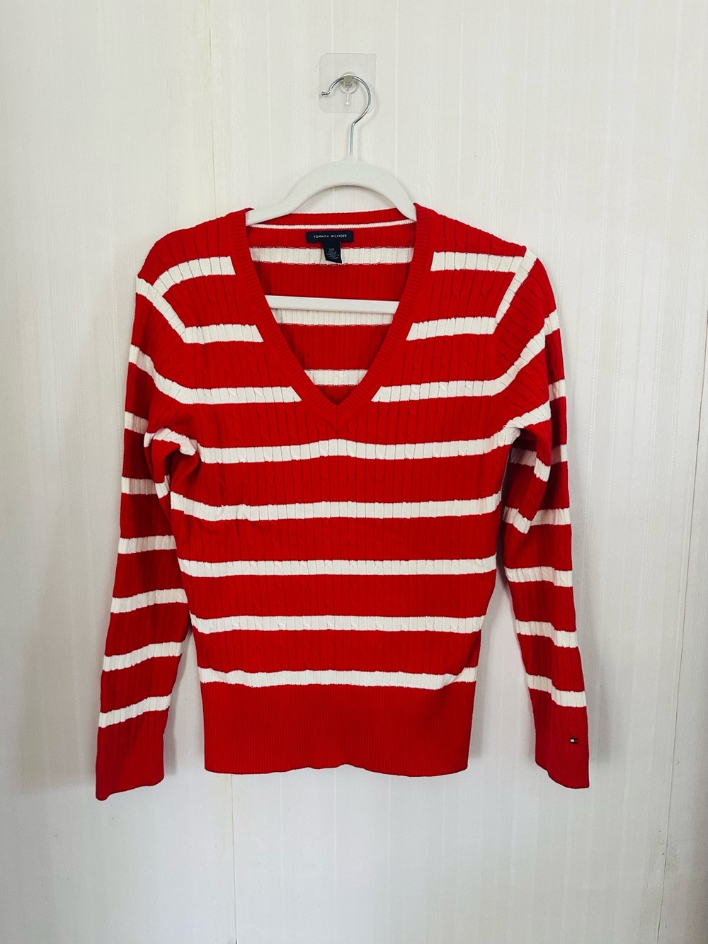 Vintage Tommy Hilfiger Red & White Striped V-Neck Sweater Y2K